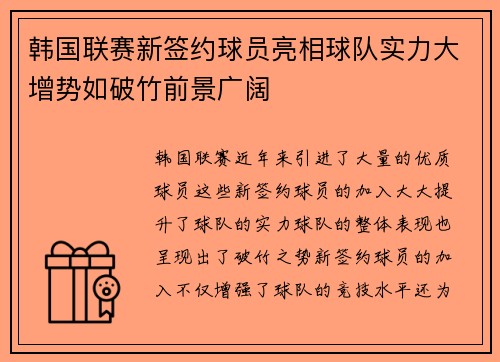 韩国联赛新签约球员亮相球队实力大增势如破竹前景广阔