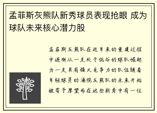孟菲斯灰熊队新秀球员表现抢眼 成为球队未来核心潜力股