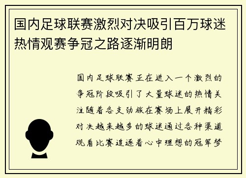 国内足球联赛激烈对决吸引百万球迷热情观赛争冠之路逐渐明朗