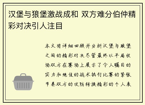汉堡与狼堡激战成和 双方难分伯仲精彩对决引人注目