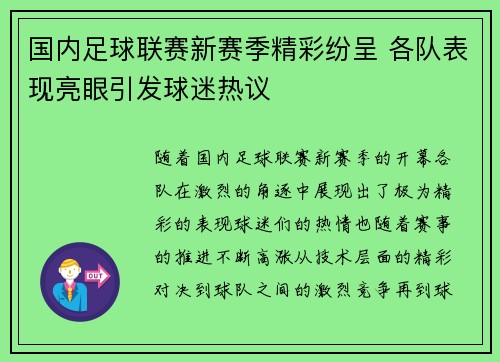 国内足球联赛新赛季精彩纷呈 各队表现亮眼引发球迷热议
