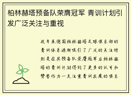 柏林赫塔预备队荣膺冠军 青训计划引发广泛关注与重视