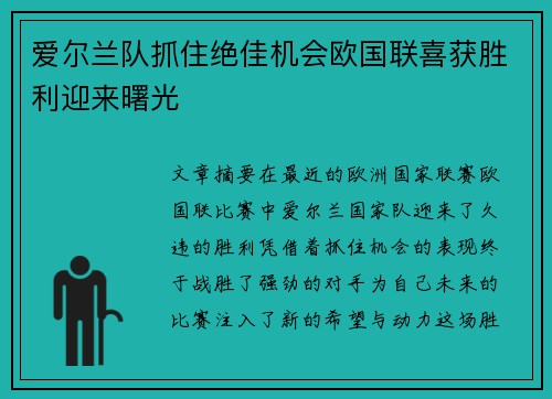 爱尔兰队抓住绝佳机会欧国联喜获胜利迎来曙光