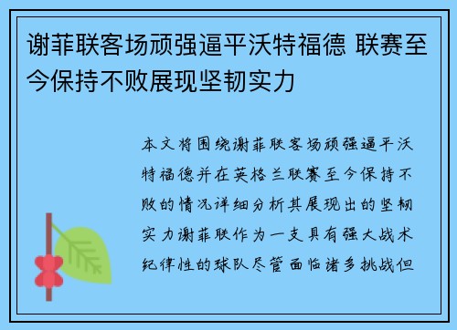 谢菲联客场顽强逼平沃特福德 联赛至今保持不败展现坚韧实力