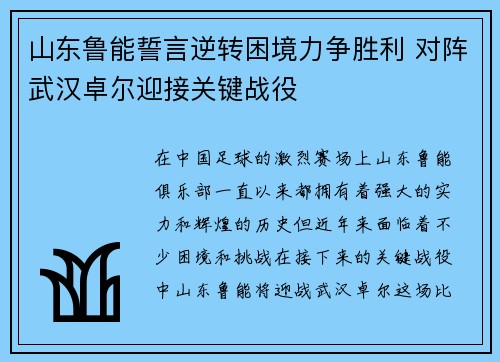 山东鲁能誓言逆转困境力争胜利 对阵武汉卓尔迎接关键战役