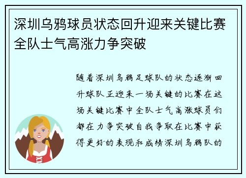 深圳乌鸦球员状态回升迎来关键比赛全队士气高涨力争突破