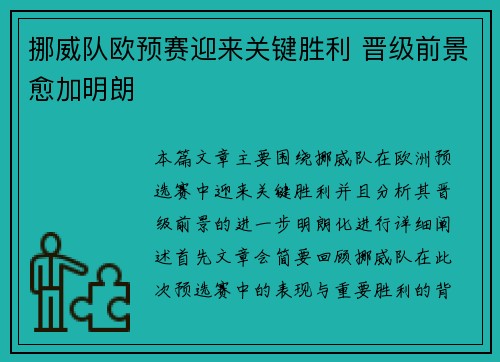挪威队欧预赛迎来关键胜利 晋级前景愈加明朗